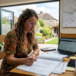 Woman working from home, writing in notebook with laptop, phone and paperwork in bright room overlooking garden